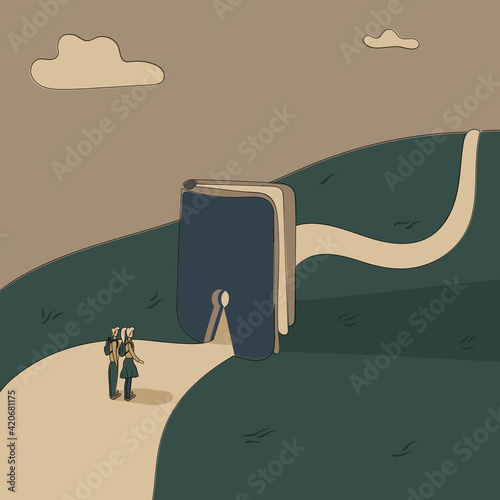 Concept:book is source of knowledge.Tiny boy and girl stand on wide road in front keyhole entrance in book to narrower way.Volume as symbol of admission to prestigious sphere of life.Hand drawn vector