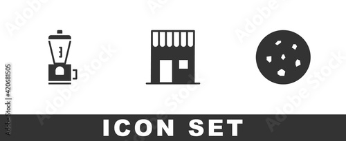 Set Electric coffee grinder, Coffee shop and Cookie or biscuit icon. Vector