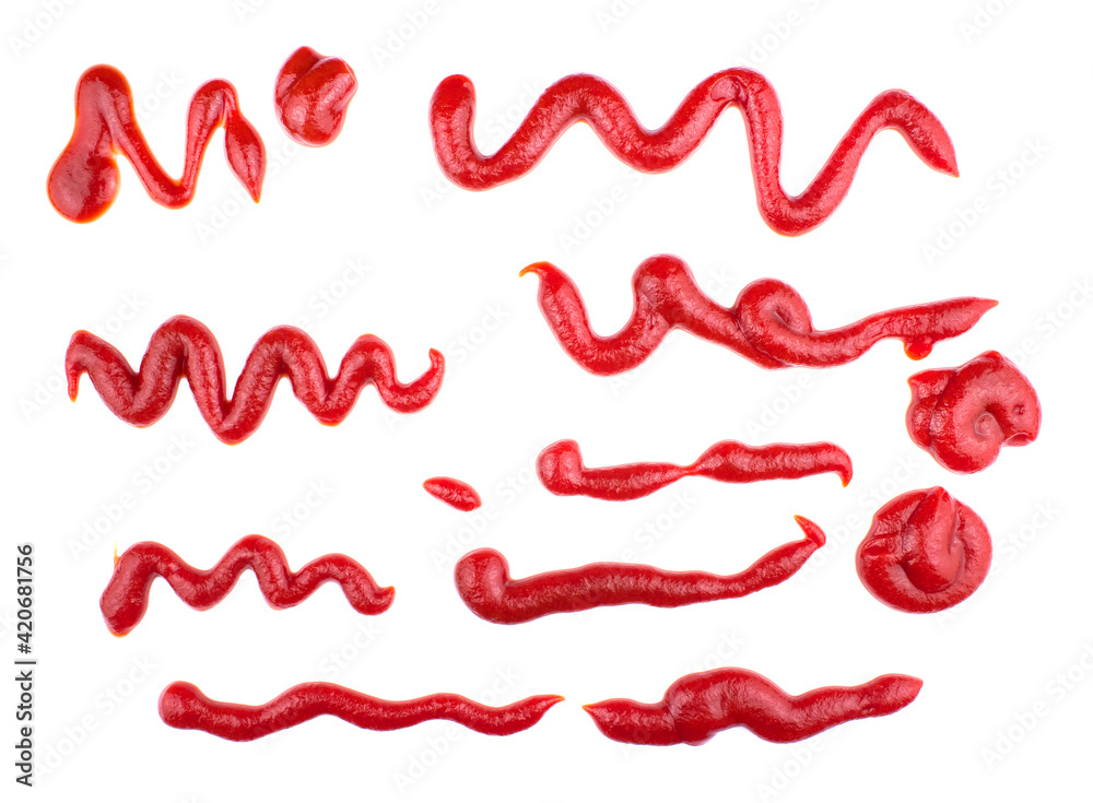 Ketchup splashes, group of objects. Arrangement of red ketchup or tomato sauce, isolated white background, top view. Ketchup splashes, group of objects. Arrangement of red ketchup or tomato sauce, isolated white background, top view.