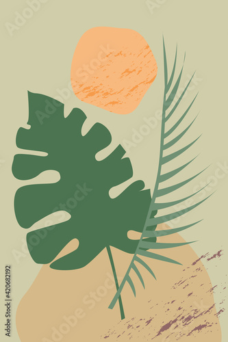 Botanical abstract leaves and sun on beige background.