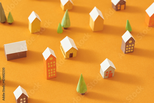 Seamless pattern of miniature town with tree and building photo