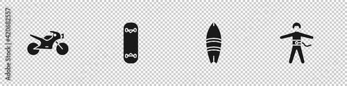 Set Motorcycle, Skateboard trick, Surfboard and Bungee jumping icon. Vector