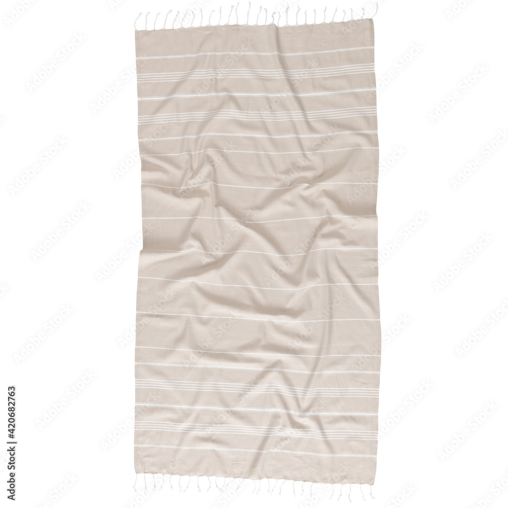 Turkish towel with fringes beige tassel towels Tunisian fouta wrinkled look cutout on white background with clipping path Turkish towel with fringes beige tassel towels Tunisian fouta wrinkled look cutout on white background with clipping path