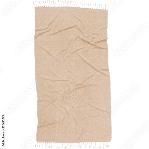 Turkish towel with fringes beige tassel towels Tunisian fouta wrinkled look cutout on white background with clipping path