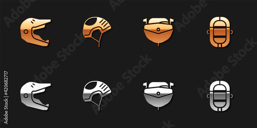 Set Motocross motorcycle helmet, Helmet, Speedboat and Rafting icon. Vector © Kostiantyn