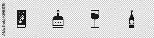 Set Effervescent tablets in water, Alcohol drink Rum bottle, Wine glass and Beer icon. Vector