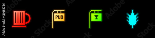 Set Wooden beer mug, Street signboard with Pub, Bar and Hop icon. Vector