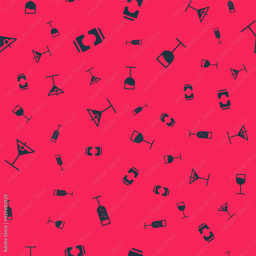 Set Glass of champagne, Beer can, Martini glass and Wine on seamless pattern. Vector Set Glass of champagne, Beer can, Martini glass and Wine on seamless pattern. Vector