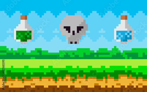Pixel-game scene with grass meadow  skull and flasks with magic liquid soar in sky  pixelated object