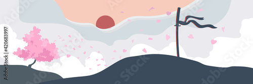 Vector illustrations of Japan sword with sakura trees, sun and traditional portal. Perfect for stickers, logo, icon, flyer or other design work