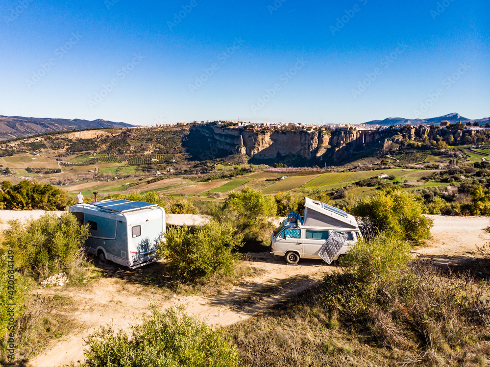 Caravans with solar panels on roof camping on nature. Caravans with solar panels on roof camping on nature.