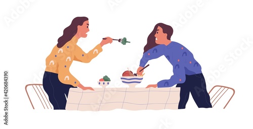 Inner conflict and self-violence concept. Forcing to dieting, be vegan or vegetarian. Psychological problems and changing food habits. Colored flat vector illustration isolated on white background