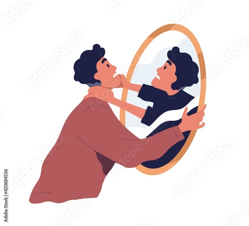 Self-violence and abuse concept. Person with inner conflict and mental health problems. Angry man fighting with his mirror reflection. Flat vector illustration isolated on white background
