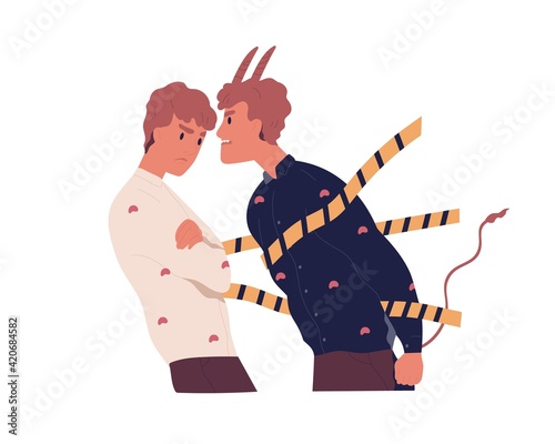 Confrontation of good and bad sides of person. Concept of inner conflict and split personality. Face to face with negative part of yourself. Flat vector illustration isolated on white background photo