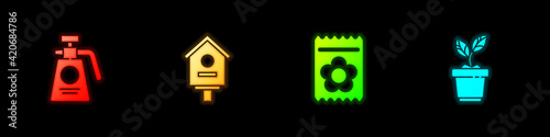 Set Garden sprayer for fertilizer, Bird house, Pack full of seeds of plant and Plant in pot icon. Vector