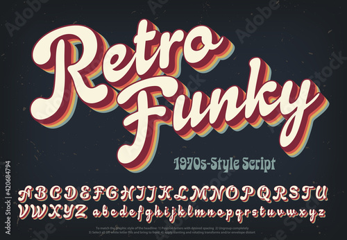 Retro Funky is a soft and plump 1970s style script alphabet with rainbow colored multi shadow layers. photo