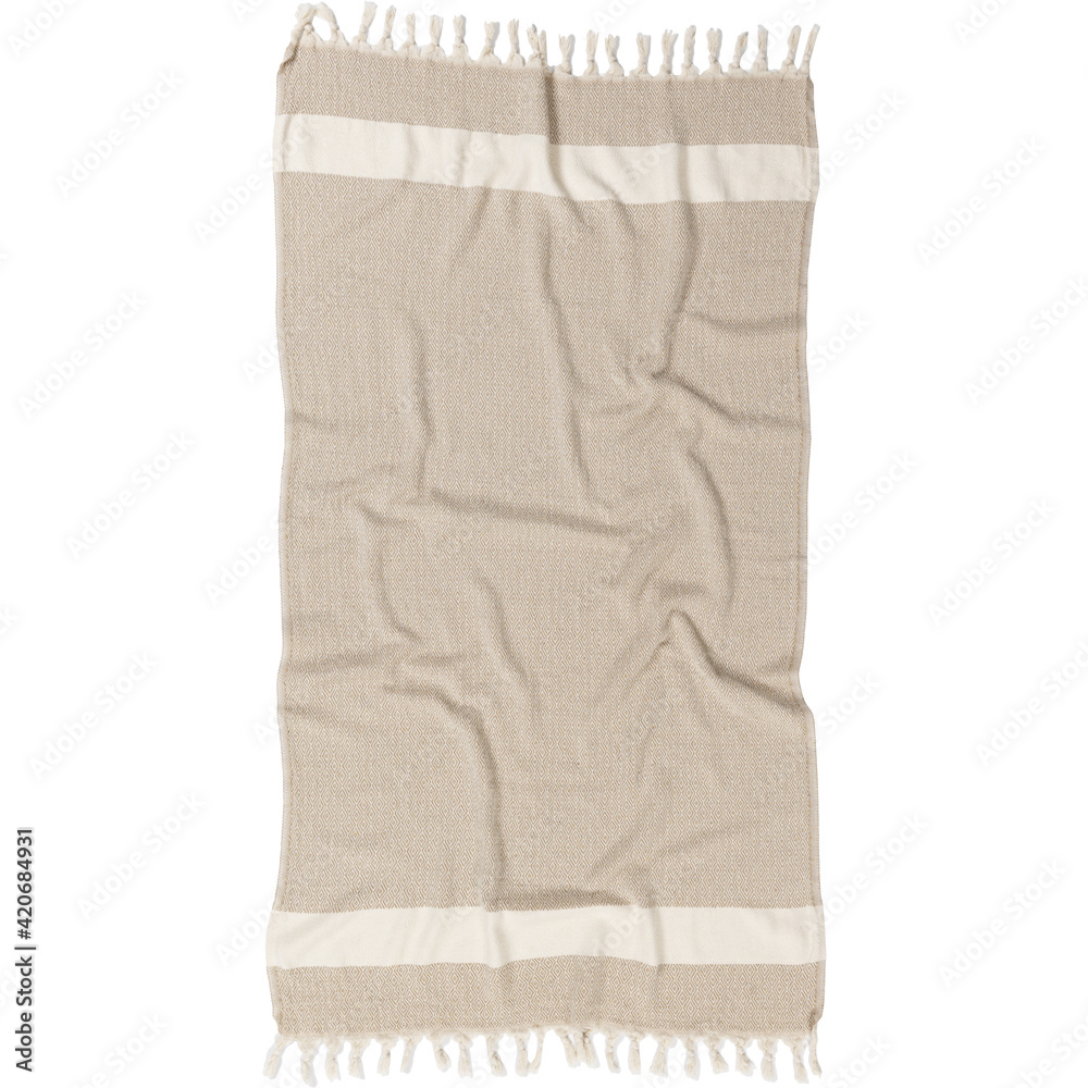 Turkish towel with fringes beige tassel towels Tunisian fouta wrinkled look cutout on white background with clipping path - obrazy, fototapety, plakaty 