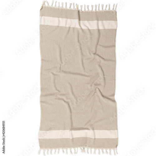 Fototapeta Naklejka Na Ścianę i Meble -  Turkish towel with fringes beige tassel towels Tunisian fouta wrinkled look cutout on white background with clipping path