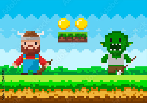 Brave viking with club fighting against monster. Zombie attacks human, apocalypse pixel scene