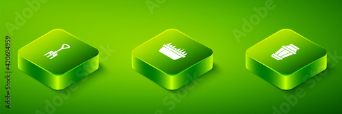 Set Isometric Fresh grass in a rectangular, Garden light lamp and rake icon. Vector