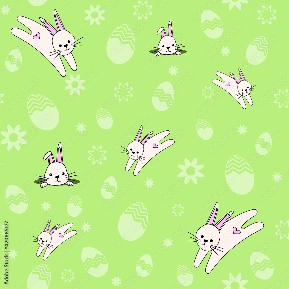 A cute seamless pattern with rabbits, flowers and easter eggs. Easter spring design with bunnies.