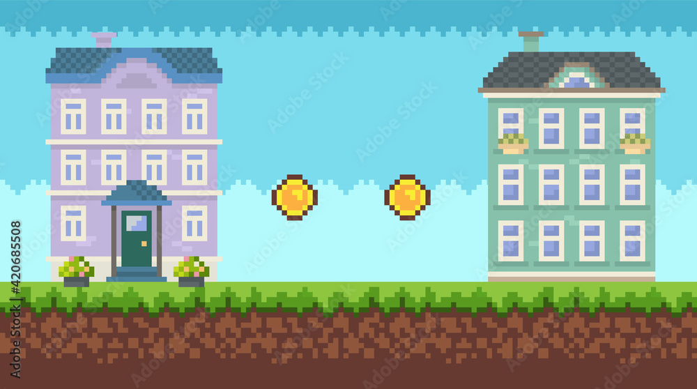 Pixel-game elements vector, scene with nature and greenery, city buildings, grass and gold coins