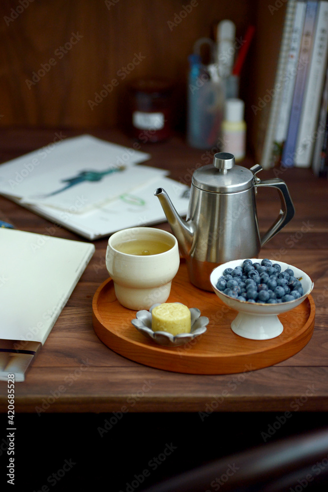 Delicious afternoon tea on the work table, Japanese-style home atmosphere Delicious afternoon tea on the work table, Japanese-style home atmosphere