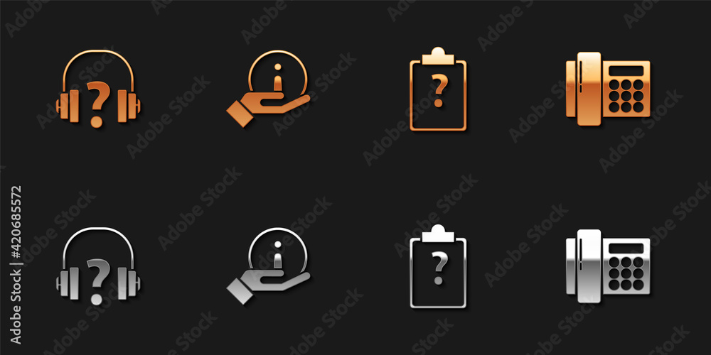 Set Headphones, Information, Clipboard with question marks and Telephone icon. Vector Set Headphones, Information, Clipboard with question marks and Telephone icon. Vector