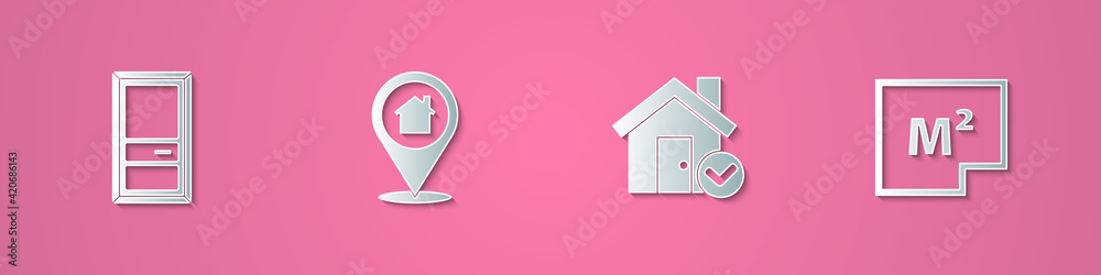Set paper cut Closed door, Location with house, House check mark and plan icon. Paper art style. Vector Set paper cut Closed door, Location with house, House check mark and plan icon. Paper art style. Vector