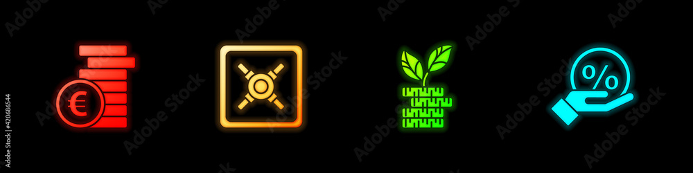 Set Coin money with euro symbol, Safe, Dollar plant and Discount percent tag icon. Vector Set Coin money with euro symbol, Safe, Dollar plant and Discount percent tag icon. Vector