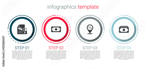 Set Finance document and lock, Stacks paper money cash, Location with percent discount and . Business infographic template. Vector