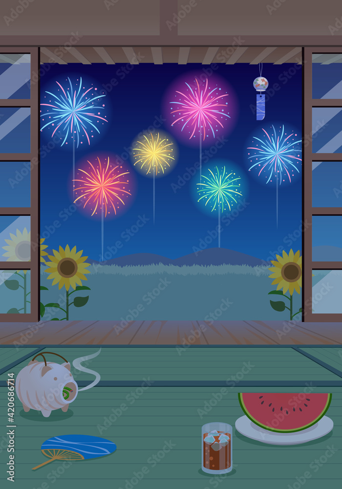 夏の縁側から見る花火のベクターイラスト風景 背景 Stock Vector Adobe Stock