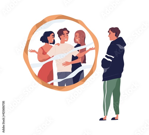 Unhappy man with problems in building relationships with opposite sex. Guy looking in mirror and dreaming to be attractive and get attention from women. Flat vector illustration isolated on white