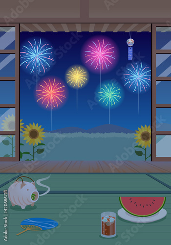 夏の縁側から見る花火のベクターイラスト風景(背景)