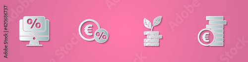 Set paper cut Percent discount and monitor, Money coin with percent, Dollar plant and Coin money euro symbol icon. Paper art style. Vector
