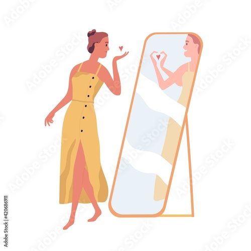 Happy beautiful woman sending air kiss to her mirror reflection. Self-love and acceptance concept. Person with healthy self-perception. Colored flat vector illustration isolated on white background