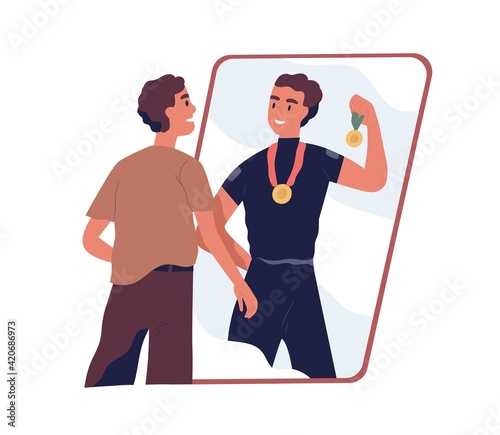 Ordinary man looking at fake mirror reflection and dreaming to be successful strong athlete and sports winner with medals in future. Colored flat vector illustration isolated on white background