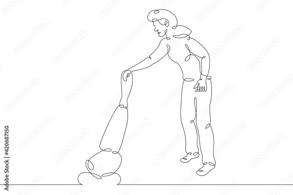 Woman is cleaning the house. Cleaning and cleanliness, vacuum cleaner. One continuous drawing line  logo single hand drawn art doodle isolated minimal illustration.