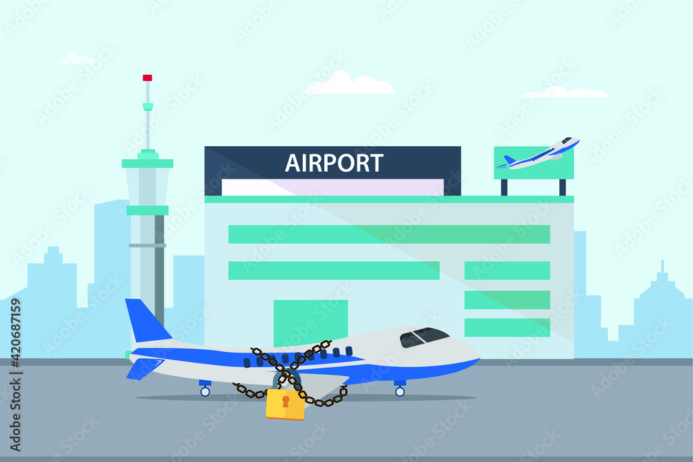 Lock down vector concept: Airplane in the airport is locked caused by corona virus 