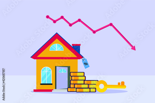 Property value vector concept: Arrow chart down of real estate with price tag and stack of coins 