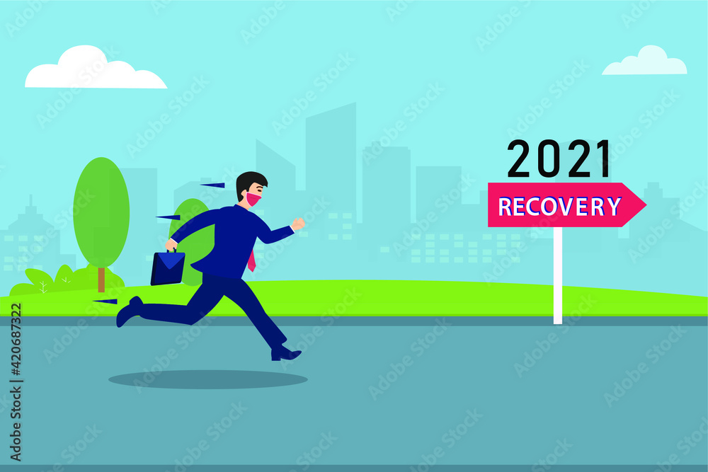 Business recovery vector concept: Businessman running towards year of 2021 while wearing face mask in new normal Business recovery vector concept: Businessman running towards year of 2021 while wearing face mask in new normal