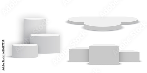 White blank podiums. Set of pedestals. Vector illustration.