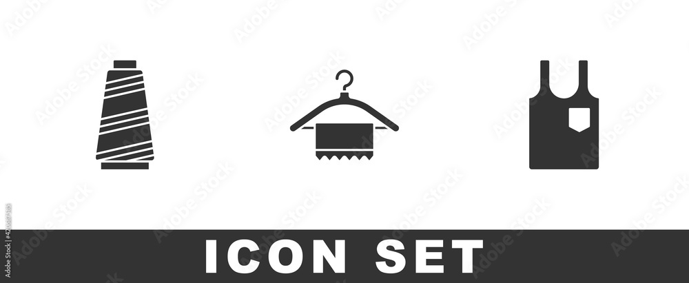 Set Sewing thread, Hanger wardrobe and Sleeveless T-shirt icon. Vector Set Sewing thread, Hanger wardrobe and Sleeveless T-shirt icon. Vector