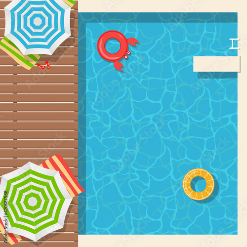 Summer Background poster template with swimming pool and lifebuoy. Vector Illustration