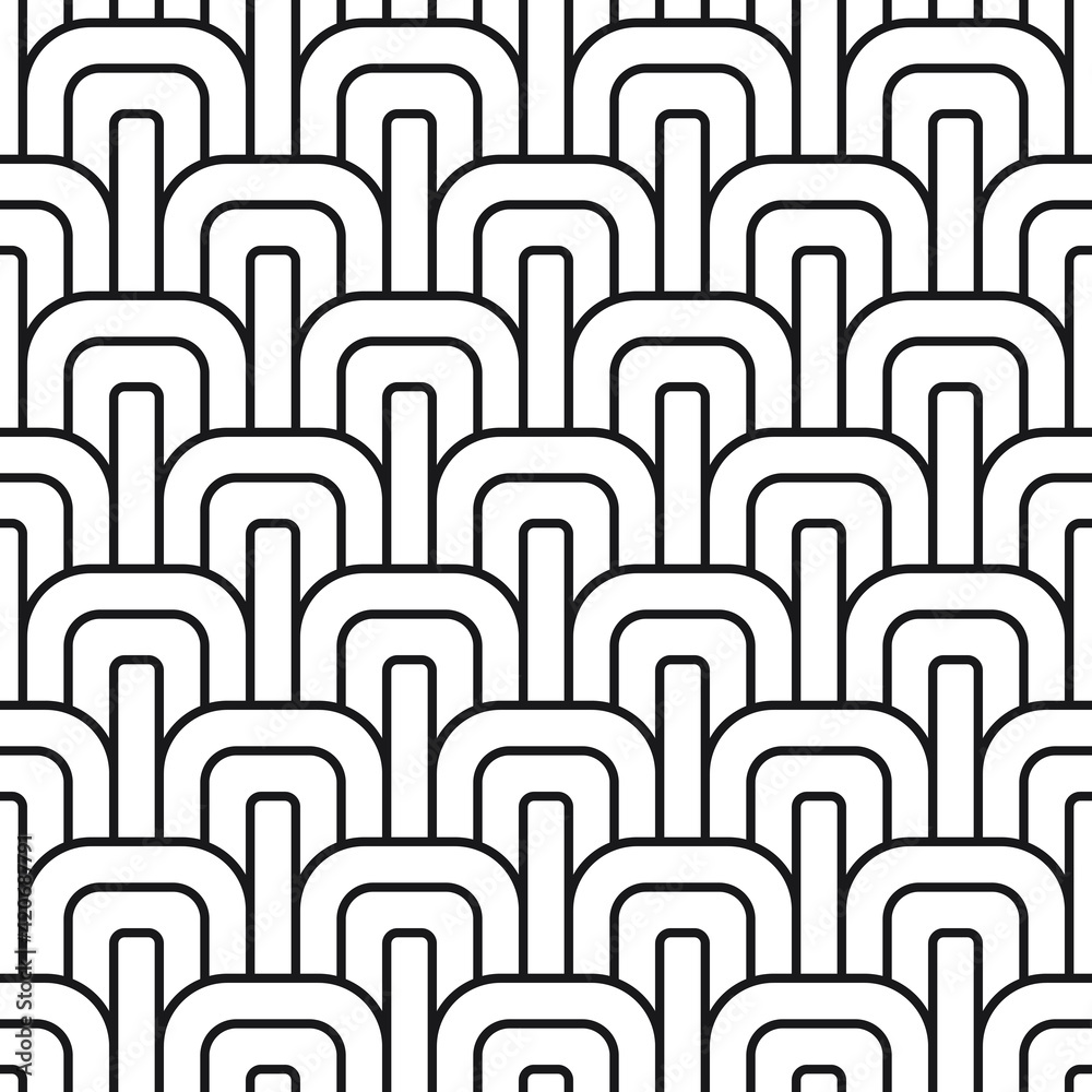 Obraz premium Rounded block seamless pattern, black. A seamless retro pattern with black and white geometric motifs.