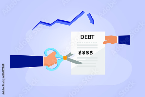 Reduce debt vector concept: Hand of young man cutting debt while using scissor