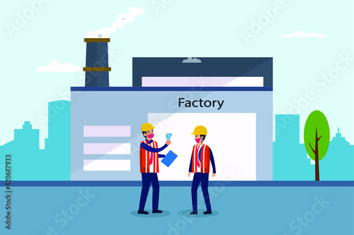 Work in new normal vector concept: Male worker checking fever temperature to employee in factory