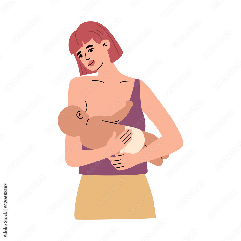 Young mother holding and nursing newborn child. Woman staying and breastfeeding her infant baby. Lactation and suckling concept, modern illustration in flat cartoon style isolated on white background
