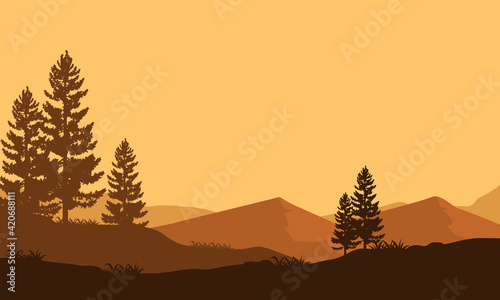 A stunning panoramic view of the twilight with the silhouette of the mountains and cypress trees around it. Vector illustration