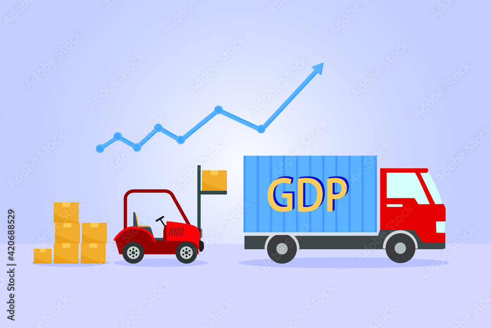 GDP business vector concept: The forklift entering the goods into the truck with GDP word 